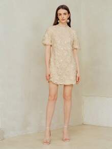 MOTF PREMIUM VESTIDO DE MANGA ABULLONADA CON MALLA DE CONTRASTE - Albaricoque - Ver 4