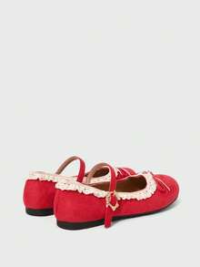 ROMWE Kawaii 女士时尚甜美蕾丝边蝴蝶结装饰平底鞋，圣诞节必备 - 紅色布面 - 查看 4