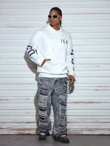 Modcrash 男士时尚街头朋克风全迷彩印花运动裤，必备单品，个性宽松街头时尚阔腿裤，春夏换季穿搭，适合日常穿着，休闲版型，夏季度假穿搭 - 白色 - 查看 1