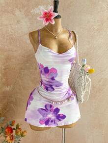 Soleia Đầm Cami Cổ Xếp Ly Màu Nước Hoa Đỏ Kỳ Nghỉ Hè Giải Trí Ngày Lễ - Nhiều màu - Xem 7