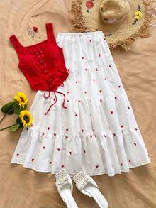 Soleia Women's Square Neck Tie-Up Camisole And Heart Print Layered Ruffle Hem Mini Skirt Casual Vacation 2-Piece Set Red Top White Skirt  Casual Vacation Outfits Women Beach Summer Outfits Valentine's Day