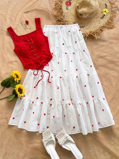 Soleia Conjunto informal de 2 piezas de mujer con camiseta de tirantes con cuello cuadrado y lazo, y minifalda con volantes y estampado de corazones para vacaciones