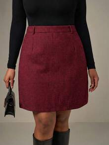 SHEIN Tall CURVE Plus Houndstooth Print Straight Skirt Without Belt - Red - View 4
