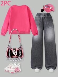 SHEIN ChillGRL 2件組青少年女孩甜美數字印花套頭運動衫上衣與愛心蝴蝶結印花牛仔效果休閒長褲套裝，適合學校、校園、秋季 - 玫紅色 - 查看 2