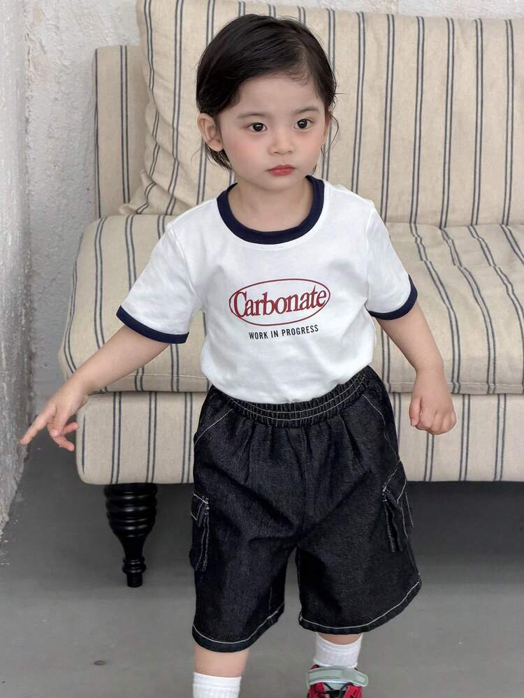 Baby Boys' Round Neck Contrast Color English Print Short Sleeve Top Summer