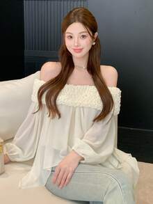 DAZY 优雅露肩花卉装饰上衣，适合情人节、婚礼、派对、时尚活动等场合，长袖春季波西米亚风度假装扮，女士 - 米色 - 查看 4