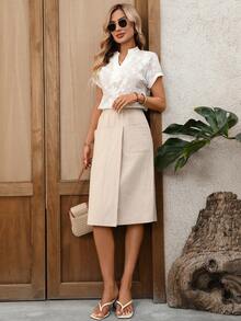 EMERY ROSE 女士纯色弹力腰双口袋直筒休闲裙 - 杏色 - 查看 4