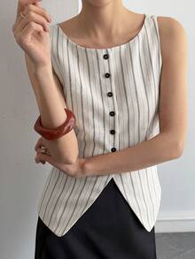 Livesso Áo vest không tay dáng rộng, phối màu kẻ sọc, phong cách công sở dành cho nữ, trang phục công sở thời trang cho mùa xuân và hè. - trắng - Xem 4