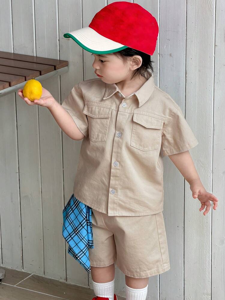Baby Boy Front Button Collar Casual Shirt + Shorts T-Shirt Set Summer