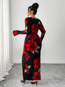 Elenzga Plus Size Elegant Commuter Floral Print High Slit Dress