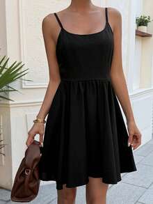 Livesso Black Spaghetti Strap Beach Vacation Mini Dress For Women Summer - Black - View 4