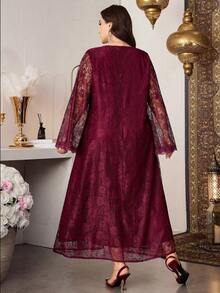Al Najma Plus Size Women Lace Fabric Beaded Collar Elegant Dress, Spring/Summer - Burgundy - View 8