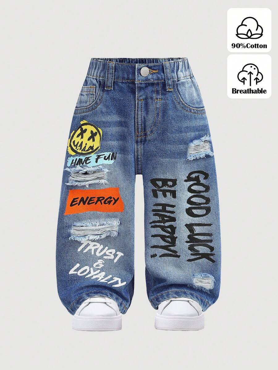 SHEIN 男婴都市街头复古做旧笑脸字母涂鸦印花破洞宽松蓝色牛仔裤，适合秋冬季穿着，适合宝宝日常穿着、秋冬季及返校季，街头风，男童圣诞节、新年，时尚系列，冬季牛仔裤，牛仔裤，保暖牛仔裤，2岁男童牛仔裤，休闲，印花牛仔裤，2000年代印花牛仔裤 - 中等水洗藍 - 查看 1