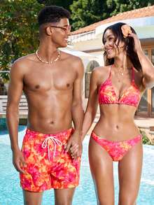 Manfinity VDAYZ 男士印花抽绳腰带沙滩短裤，夏季 - 紅色 - 查看 5