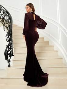 SHEIN Belle Đầm dạ hội sang trọng dành cho nữ, cổ tàu, tay phồng, đuôi cá, kẻ sọc (đính kèm nhiều họa tiết) - Cà phê nâu - Xem 2