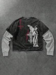 ROMWE MEN Goth 男士休闲复古撞色标语十字印花二合一T恤 - 黑色 - 查看 2