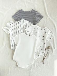 SHEIN Bộ 5 món áo liền thân cổ tròn màu trơn mềm mại và thoải mái cho bé gái, kiểu dáng thời trang thường ngày, dễ mặc vào/cởi ra, tay ngắn và quần short, thích hợp cho mùa xuân/hè. - Nhiều màu - Xem 2