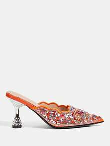 CUCCOO TILAWA Zapatos de tacón de aguja con puntera puntiaguda, con brillantes, para mujer, para fiestas - Naranja - Ver 2