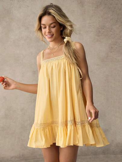 WESTFADE 短款连衣裙/蕾丝饰边肩带和领口