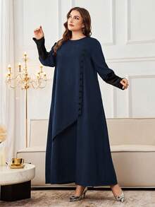 Al Najma Vestido largo holgado con cuello redondo, manga larga y decoración de botones, estilo árabe informal, adecuado para primavera y otoño, talla grande para mujer - Multicolor - Ver 5