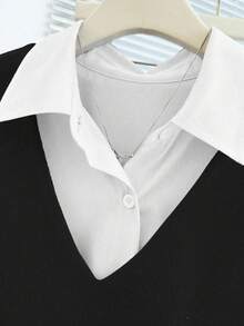 Franclia Stylish Black And White Collared Long Sleeve Shirt With Vest Design And Belt Detail - Black and White - View 6