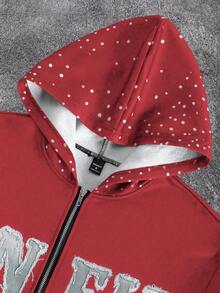 PAVTROS Bộ đồ nam thời trang thường ngày đường phố họa tiết chữ và chấm bi, áo hoodie có khóa kéo và quần nỉ có dây rút ở eo, bộ đồ thu đông nam hoodie 2 mảnh vá cho nam, bộ đồ 2 mảnh cho nam, bộ đồ 2 mảnh F1 cho nam, thời trang đường phố cho nam màu đỏ, dành cho Giáng sinh - Đỏ - Xem 4