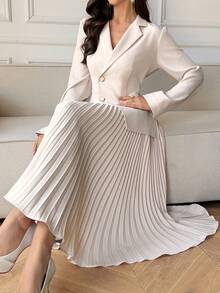 DAZY Women's Asymmetrical Midi Dress With Faux Blazer Design And Pleated Patchwork - Apricot - View 1