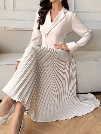 DAZY 女士不对称中长连衣裙，仿西装外套设计，褶裥拼接