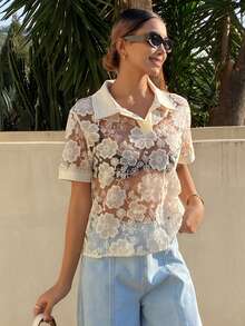 Livesso 女士性感蕾丝透视上衣，适合夏季度假 - 杏色 - 查看 3