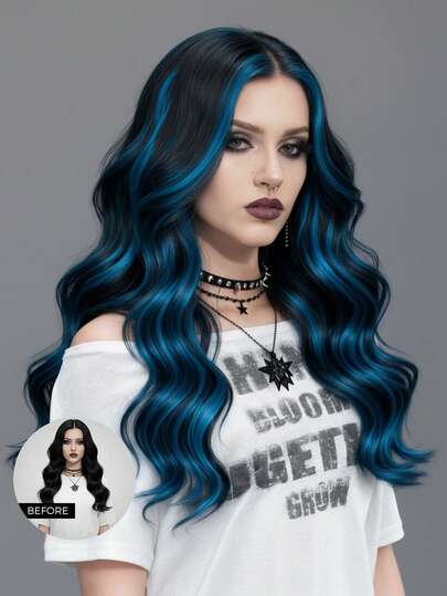 Goth Colored Clip In Hair Extensions 100% Real Human Hair Color Blue# 2Pcs With 4 Clips Straight Highlight Colorful Hairpieces Rainbow Hair Extension For All Hair Types & Fashion Lovers