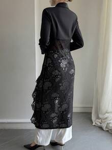 Livesso Black Lace Patchwork Mid-Length Shirt, Hollow Out Blouse, Elegant For Valentine's Day, Wedding, Party, Formal Occasion, Fashion, Commute, Tie-Up Women Blazer Jacket - Black - View 3