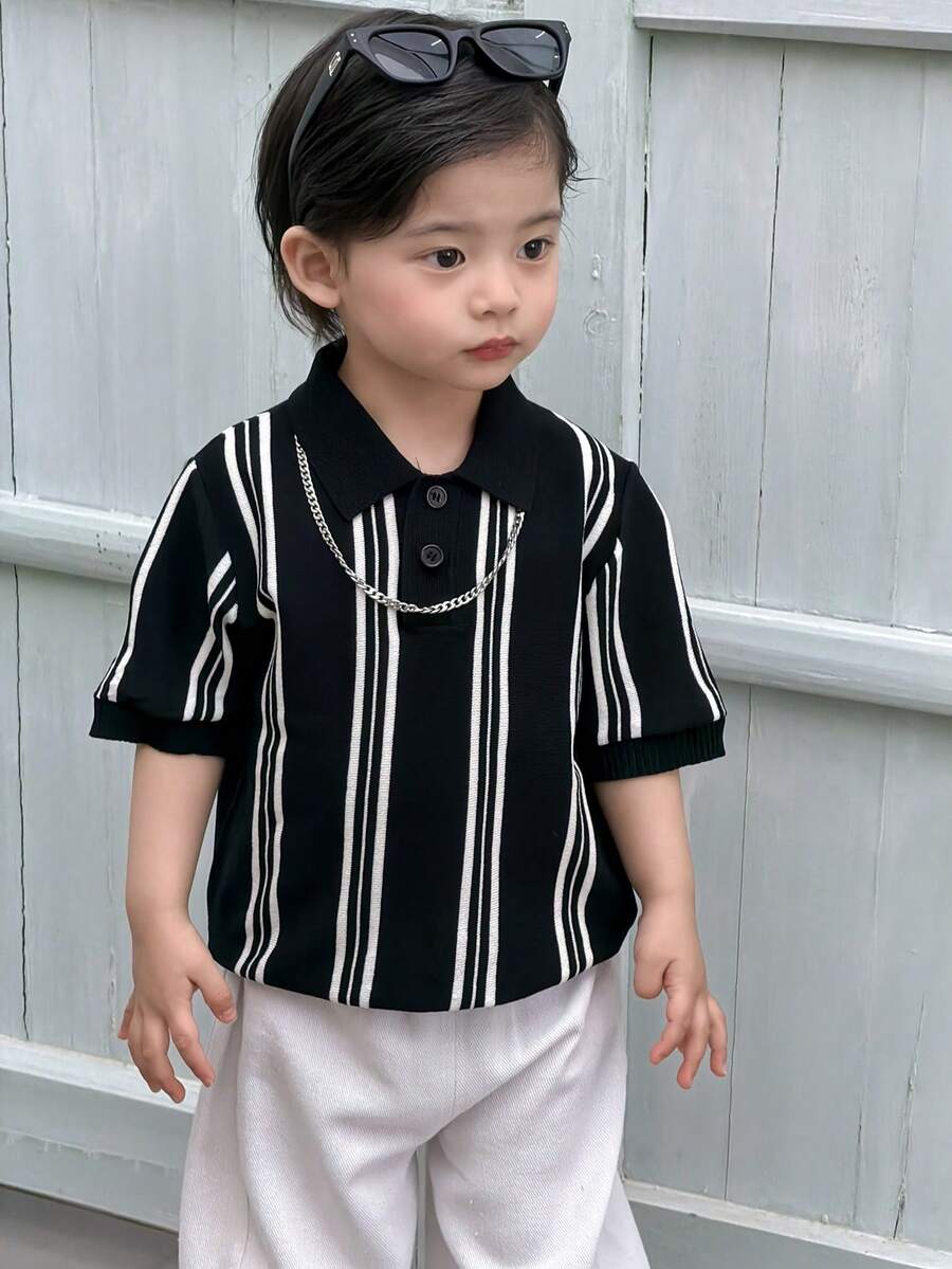 DAZY 幼儿男童条纹 Polo 领短袖针织上衣，春夏款 - 黑色 - 查看 1