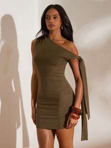 Opulessa 2 piezas Vestido mini de malla de punto de unicolor y cinturón para vacaciones de primavera/verano - Verde Oscuro - Ver 4