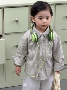Dazy Kids Áo thun dài tay cổ bẻ kẻ sọc kiểu dáng thường ngày cho bé trai - Xám - Xem 4
