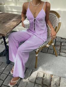 Flirla Women's Casual Vacation Striped Print Tie Front Camisole And Wide Leg Pants 2 Pieces Set - Red Violet - View 5