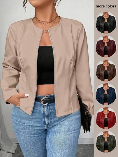 SHEIN PETITE CURVE Plus Size Women's Classic Versatile PU Leather Jacket, Petite Series