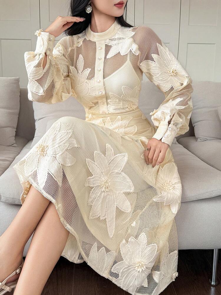 Women's Elegant Floral Print Stand Collar Mid-Length Dress, Autumn/Winter Wedding Guest Dress