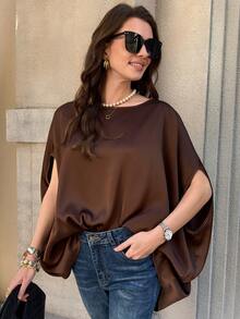 Solivie 女士春季斗篷式上衣，咖啡色，时尚百搭，适合外出、聚会、情人节等夏季场合，蝙蝠袖上衣，深棕色上衣，巧克力棕色上衣 - 咖啡棕 - 查看 3