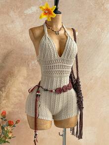 Soleia 女士夏季秋季度假套装 - 渐变针织深V领露背连体裤，性感时尚修身，适合派对、约会、下午茶、波西米亚风度假、海滩等场合。针织泳衣钩编泳装女士连体裤，女士钩编连体裤春季套装，女士情人节海滩套装，女士生日外出套装，女士优雅休闲度假复古套装，女士性感连体裤，女士夏季春季情人节休闲度假海滩婚礼生日外出套装，优雅休闲度假套装 - 杏色 - 查看 5