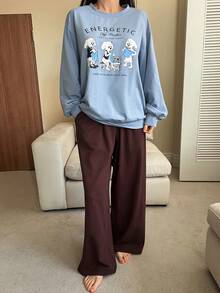 DAZY Cartoon Print Loose Women Pajama Set - Blue - View 3