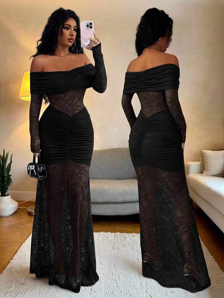 Rafferiza Women's Autumn Winter Elegant Dark Brown Off-The-Shoulder Lace  Dress, Autumn Dress Fall Clothes For Women Autumn Clothes Fall Dresses For Women  Autumn Clothes For Women Christmas Christmas Dress New Year Clothes