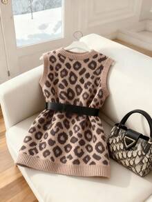 GlowEve Leopard Print Crew Neck Women Knit Cardigan Vest Top, No Belt - Multicolor - View 2