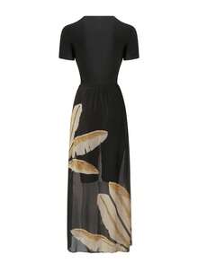 Swim Shayni Black Banana Leaf Print Fitted Dress With Elegant Resort Short Sleeve Zipper Splice Women's Burqini Dress Set - Multicolor - View 2