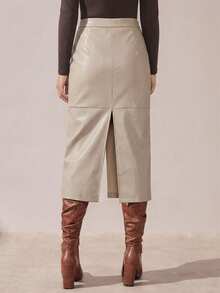 BizChic 女士高开衩PU半身裙，百搭实用，适合工作、休闲、派对、婚礼宾客、夏季、情人节、新年等场合，优雅时尚的女士下装