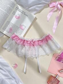 1件蕾丝蝴蝶结装饰性感内裤，适合年轻女士，粉色和白色 - 白色 - 查看 5