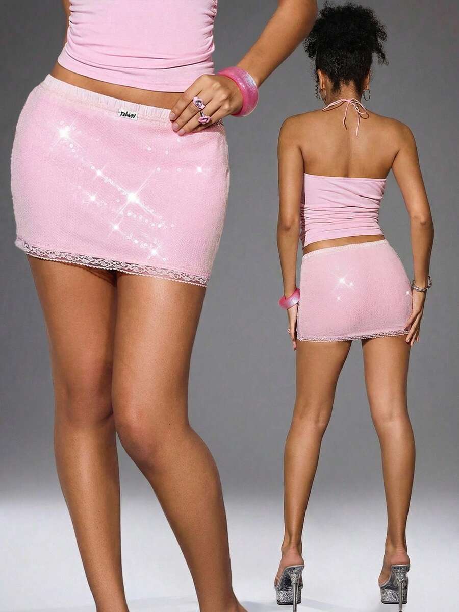Y2Kool BiGraphic Y2K Inspired Lace Patchwork Sequin Striped Casual Mini Skirt For Women, Suitable For Spring/Summer Holiday, Party, Valentine's Day, Daily Wear - Pink - View 1