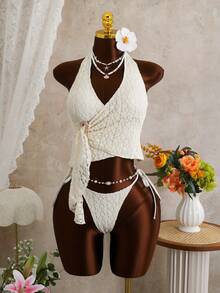 Swim Mod 两件套女士沙滩装，时尚可爱度假沙滩派对纯色纹理吊带背心上衣和侧系带长裤套装 - 杏色 - 查看 3