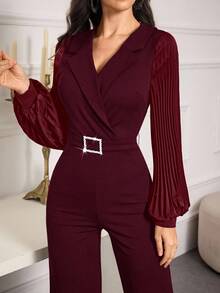 Modelyn Women's Solid Color V-Neck Rhinestone Decor Pleated Jumpsuit With Lantern Sleeves, Fashionable For Dates And Outings - Burgundy - View 5