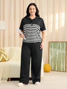 Momelise Bộ đồ nữ cỡ lớn họa tiết kẻ sọc tay ngắn cổ bẻ dáng suông kết hợp với quần ống rộng, trang phục thoải mái thường ngày, đi làm và dễ phối đồ, thích hợp cho mùa xuân. - màu đen - Xem 4