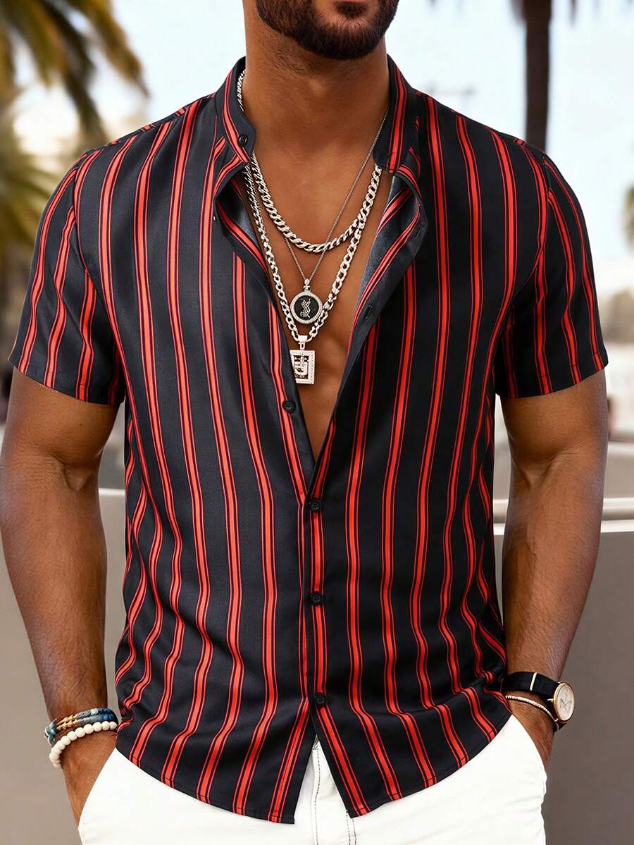 Genlund Chemise décontractée à manches courtes, à boutons et à imprimé rayé, polyvalente pour hommes - Noir - Voir 1